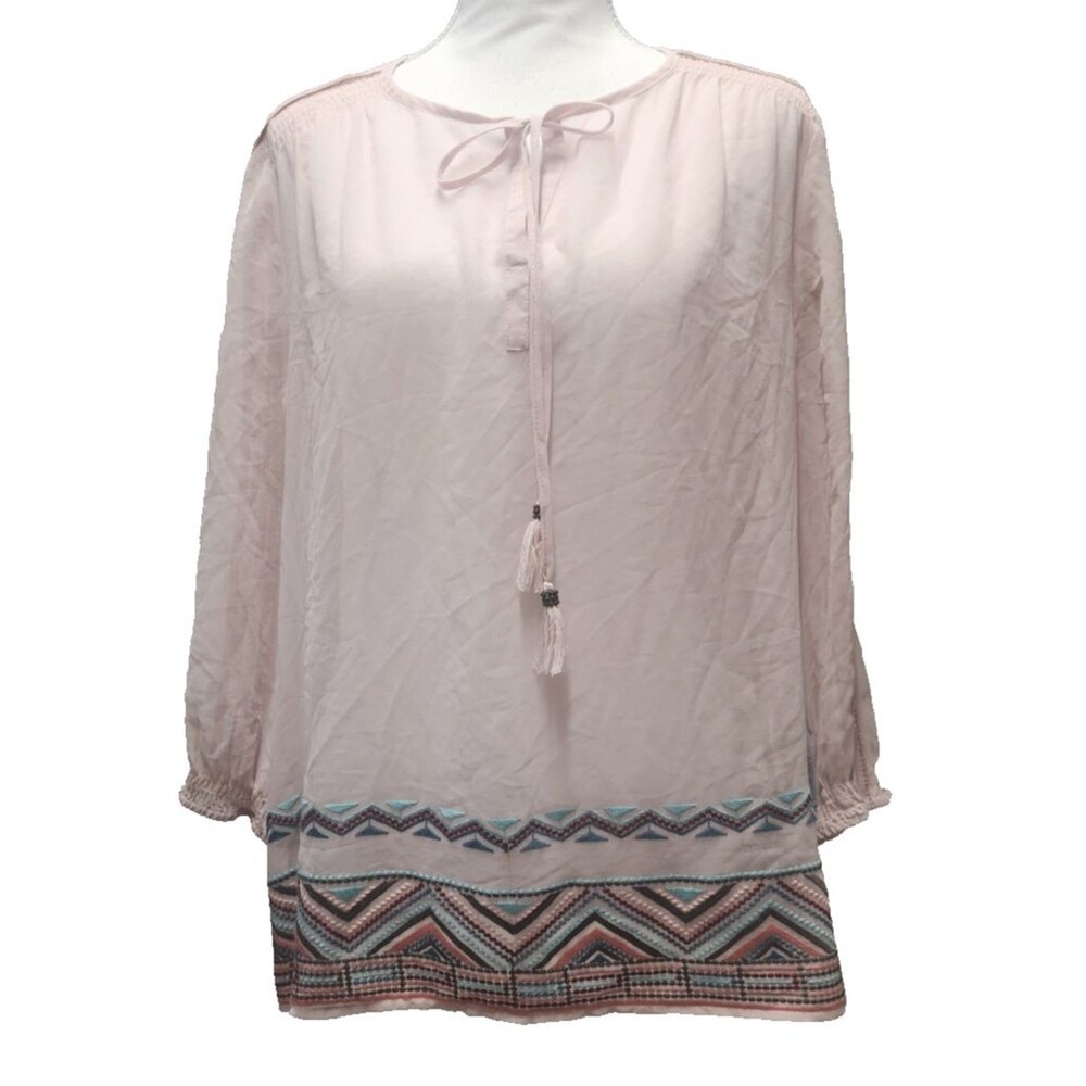 Pale Sky Pink Sheer Embroidered Boho Blouse Cottagecore Lace Trim Tunic Top L